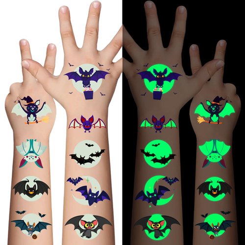 Awinmay Halloween Luminous Bat Temporary Tattoos for Kids - 10 Sheets Glow In The Dark Halloween ...