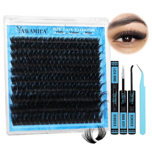 Yawamica Lash Clusters Kit Fluffy Volume Cluster Eyelash Extensions Kit 200D 10-20mm DIY Lash Extension Kit with Lash bond and Lash Remover and Lash Applicator for DIY Lash (200D-10-20MM Kit)