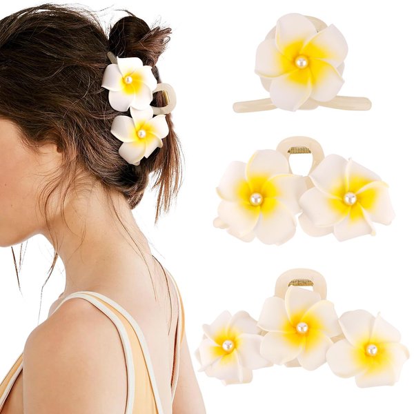 Hapdoo 3PCS Hawaiian Flower Hair Clips, Plumeria Frangipani Hair Claw Clip, Tropical Artificial Floral Party Beach Hair Clips for Thin Thick Hair, Luau Hawaii Bridal Wedding Hair Accessories