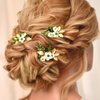 Heread Green Crystal Bride Wedding Hair Pins Flower Bridal Hair Pieces Gold Leaf Hair Accessories for Women and Girls (Pack of 3) (Gold)