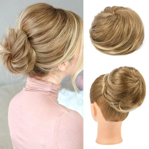 HOOJIH Messy Bun Hair Piece 100% Real Human Hair Elastic Drawstring Hair Bun Hair Piece Extension Wavy Full Hair Bun Updo Hairpiece for Women - Chestnut Brown with Bleach Blonde Highlights