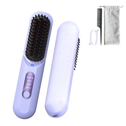 Hair Straightener Brush, 2 in 1 Portable Mini Hair Straightening Brush, 3 Temp Settings, Anti-Scald Safety Design, Led Display, Negative Ionic Hair Straightening Brush for Home Salon, Travel