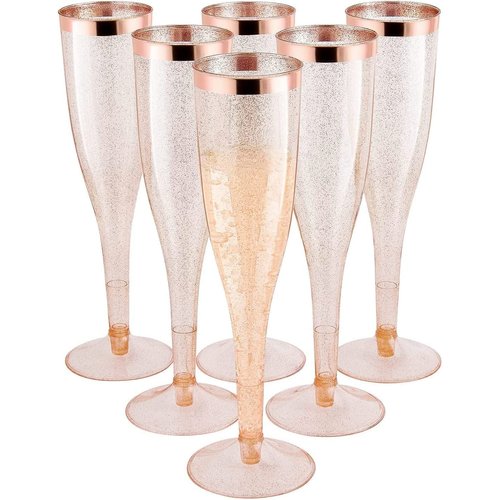 MR.FOAM Disposable Champagne Flutes,6PC Rose Gold Glitter with Rose Gold Rim Plastic Champagne Glasses for Parties Plastic Champagne Flutes Cups Toasting Glasses,Mimosa,Wedding 6.5 OZ