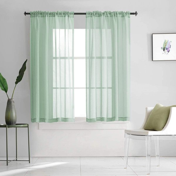 TOAVA DECO Green Semi Sheer Curtains Linen Look 45 Inch Length Light Filtering Rod Pocekt for Bedroom Living Room 52 x 45, Set of 2 Panels