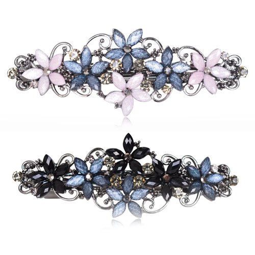 Bleiou 2 Pack Vintage Flower Design Rhinestone Hair Barrette Clip Luxury Flower Hair Barettes for...