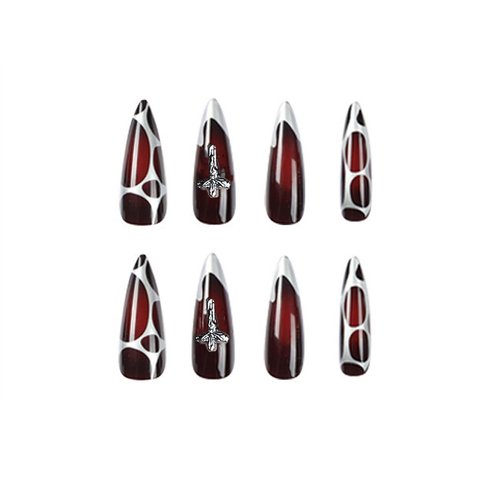 MISUD Press on Nails Long Stiletto Fake Nails Glossy Glue on Nails Goth Red Black Ombre Acrylic Nails Chrome Swirl Almond Artificial Nails Gothic Cross Stick on False Nails with Design 24 pcs