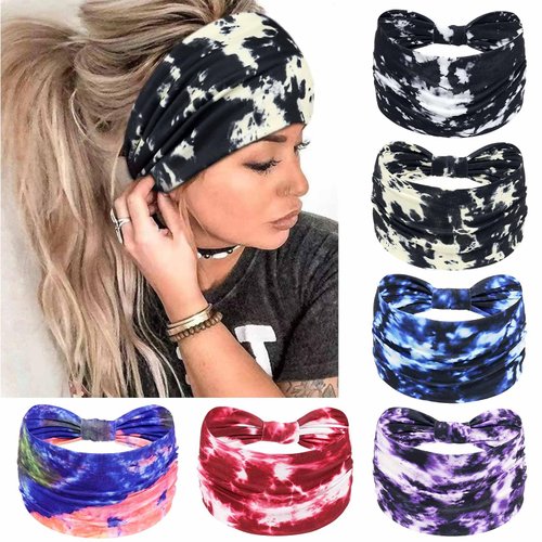 Awumbuk Wide Headbands for Women Knotted No Slip Head Bands Soft Turban Headband Hair Accessories Boho African Solid Color Head Wraps for Women Yoga Workout Pack of 6