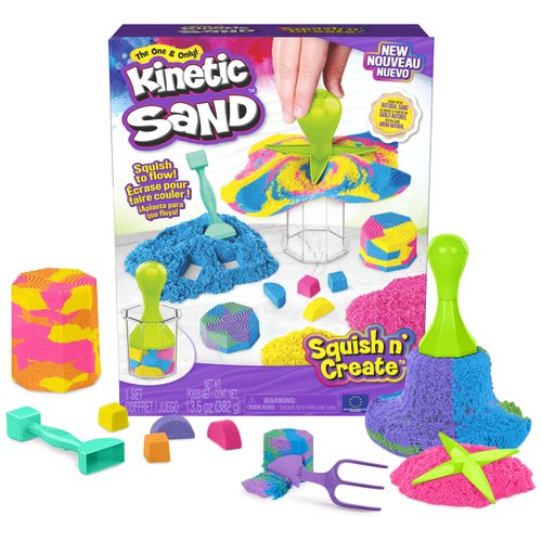 Kinetic Sand, Squish N’ Create Playset, 13.5oz Play Sand (Blue, Yellow & Pink), 5 Tools, Stocking Stuffers & Christmas Gifts for Kids Ages 3+