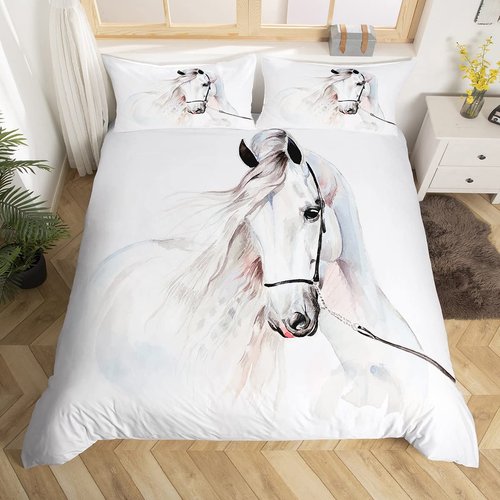 Feelyou White Horse Duvet Cover Set Queen Size for Boys Men 3D Steed Print Bedding Set Wildlife Comforter Cover Animal Bedspread Cover with 2 Pillow Shams Microfiber Quilt Cover 3 Pieces