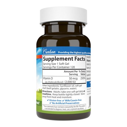 Carlson - Vitamin D3, 2000 IU (50 mcg), Immune Support, Bone Health, Muscle Health, Cholecalciferol, Vitamin D Supplements, Vitamin D3 Soft Gels, 120 Softgels