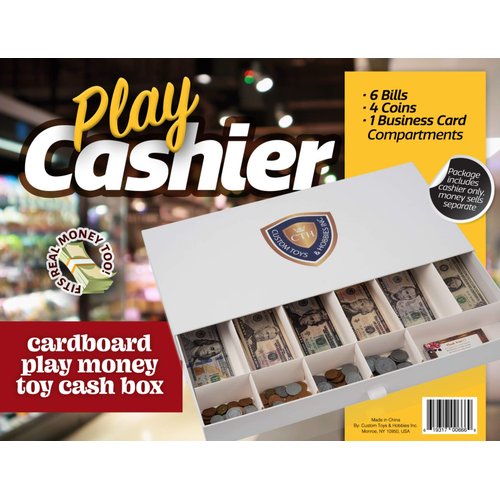 Cardboard Cash Register Drawer with Coins Bills Business Card Compartments Money Play Toy Gift for Kids Fit Real Money Too Only Box White