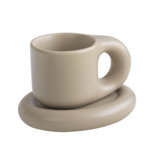 WENSHUO Chubby Funny Coffee Mug, Novelty Cute Cup and Saucer, Matte Crème, 9 oz (Coconut Café)