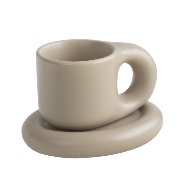 WENSHUO Chubby Funny Coffee Mug, Novelty Cute Cup and Saucer, Matte Crème, 9 oz (Coconut Café)
