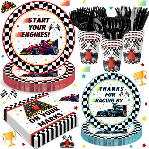 Race Car Birthday Party Supplies Tableware Racing Car Party Decorations Include Plates, Napkins, Cups, Cutlery for Race Car Theme Birthday Decorations, Serve 24