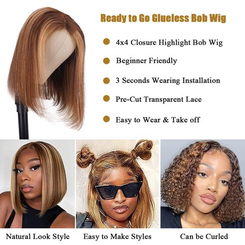 Put On And Go Glueless Wigs Human Hair Pre Cut Ombre 4/27 Highlight Short Bob Wig Human Hair For Women 180 Density 4x4 Closure Straight HD Lace Front Wigs Human Hair Ready To Wear For Beginners 14inch