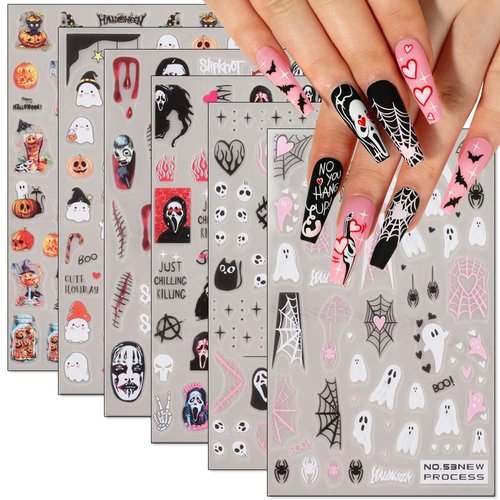 Halloween 3D Ghost Nail Art Stickers Decals, 6 Sheets Self-Adhesive Horror Head Ghost Pumpkin Vampire Bat Design Halloween Decoration for Nails 3D Acrylic Nail Stickers for Women DIY Nail Supply