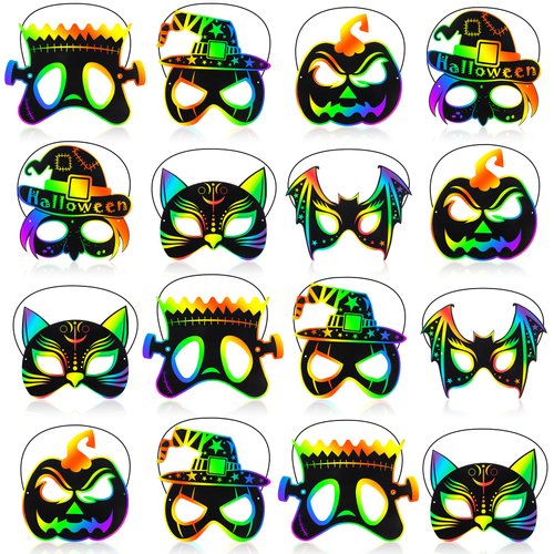 RICEDUO 36 Pcs Halloween Rainbow Scratch Art Mask Craft Kit, Bat Witch Pumpkin Pirate Rainbow DIY Scratch Art Mask for for Halloween Party Classroom Decorations