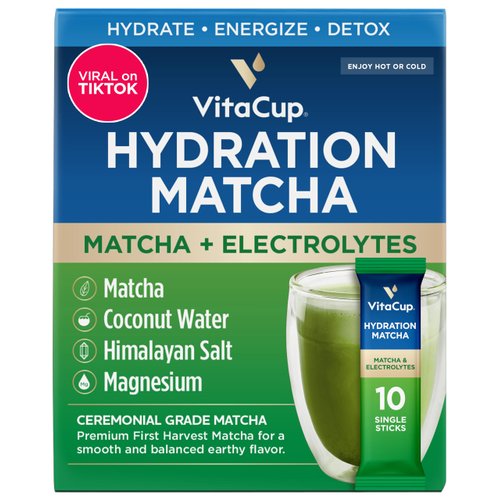VitaCup Hydration Matcha Instant Packets, for Natural Energy and Detox, w/Electrolytes, Ceremonial Grade Organic Matcha, Coconut Water, Pink Himalayan Salt, Magnesium, in Single Serve Sticks, 10 Ct