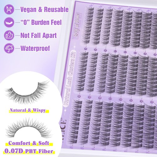 ALICE Natural Lash Clusters Kit Wispy Lash Extension Kit Thin Band Cluster Eyelash Extension Kit 270pcs C Curl 10-14mm Individual Lashes with Lash Glue Bond and Seal Self Application at Home