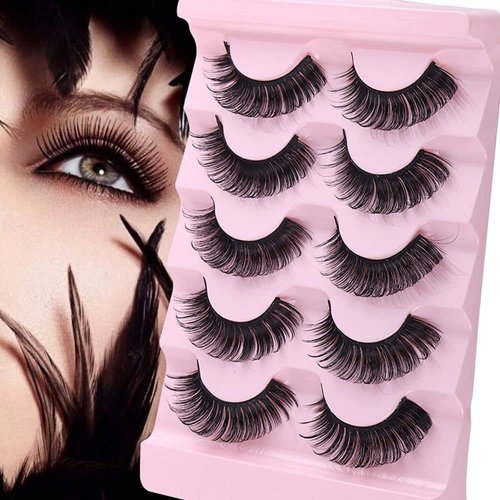 D Curl Russian Strip Lashes, Natural Look Wispy Faux Mink Lashes Reusable Fluffy Natural False Eyelashes Extensions, 5 Pairs