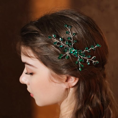BERYUAN Green Crystal Rhinestone Hair Comb Teardrop Rhinestone Wedding Headpiece Silver Green Crystal Wedding Comb for Women Silver Bridal Headband for Wedding