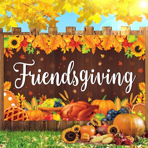KORHONEN Friendsgiving Banner Backdrop Decorations, Happy Friendsgiving Party Decorations, Friendsgiving Turkey Pumpkin Banner Background for Friendsgiving Party Supplies