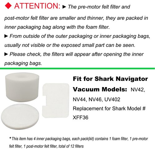 Dttery 4 Pack Filters Kit Replacement for Shark Navigator Deluxe Upright Vacuum NV42, NV44, NV46, UV402 Part # XFF36