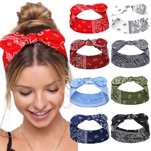 Tobeffect Bandana Headbands for Women with Bow Paisley Cute Summer Hair Accessories Wide Knotted Headband Bow Hair Bands Rabbit Ears Womens Turban Headbands Headwraps for Girls