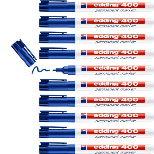 edding 400 Permanent Marker Pen - Blue - 10 Pens - Fine Round Tip 1.0 mm - Quick Drying, Water and Abrasion Resistant - for Cardboard, Plastic, Wood, Metal, Glass