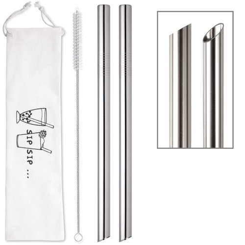[Angled Tips] 2 Pcs Jumbo Reusable Bubble Tea Straws & Smoothie Straws, 0.5" Wide Stainless Steel Straws, Metal Straws for Bubble Tea/Tapioca Pearl, Milkshakes,Smoothies | 1 Cleaning Brush & 1 Case