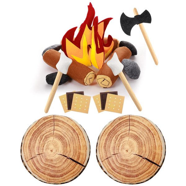 Civaner 20 Pcs Pretend Camping Play Set, 2 Pcs Decorative Round Throw Pillow, Camping Safe Fake Campfire Plush Wood Shaped Floor Cushion for Adults Dramatic Play Camping Home Outdoor Decorations