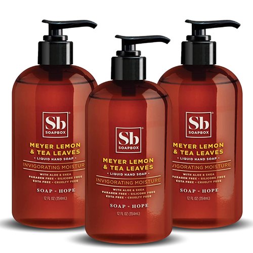 Soapbox Liquid Hand Soap, Meyer Lemon & Tea Leaves - Gentle, Moisturizing Hand Cleanser, Vegan, Cruelty Free Hand Soap for Bathroom and Kitchen, 12oz Pump Bottles (Pack of 3)