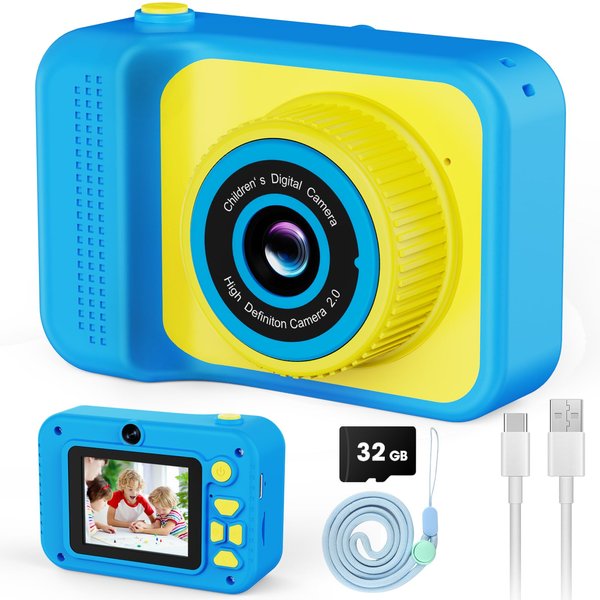 Kids Camera Toy for Age 3-8 Boys Girls, Birthday for Toddler3 4 5 6 7 8 Years Old, Children Selfie Digital Video Cameras with Protective Silicone Cover, 32GB SD Card, HD 1080p (Blue)