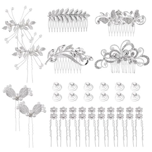 Cinaci 40 Pack Shinning Silver Rhinestone Butterfly Leaf Flower Bridal Hair Side Combs+U-shaped & Twist Hair Pins Clips Barrettes Wedding Headpieces Accessories for Women Girls Brides Bridesmaids