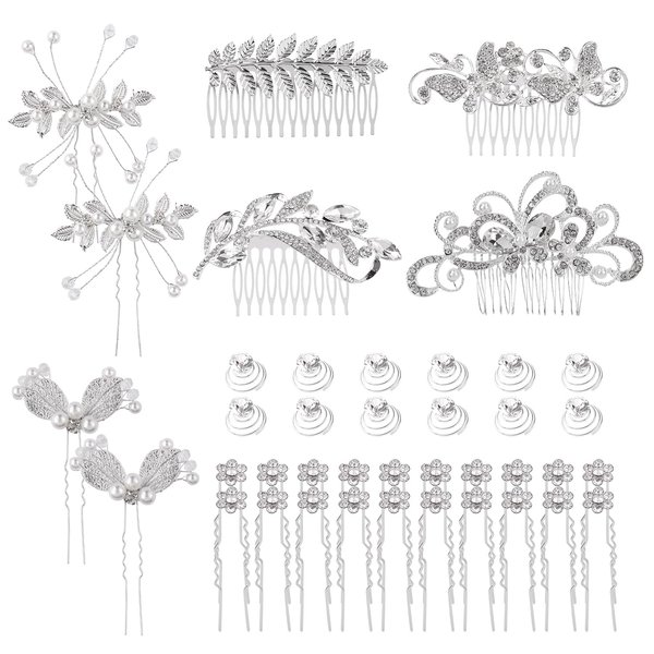 Cinaci 40 Pack Shinning Silver Rhinestone Butterfly Leaf Flower Bridal Hair Side Combs+U-shaped & Twist Hair Pins Clips Barrettes Wedding Headpieces Accessories for Women Girls Brides Bridesmaids