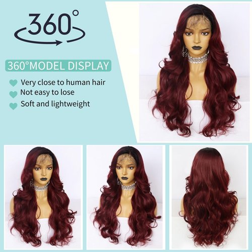 Ebingoo + Wig Cap 26 Inch Burgundy Lace Front Wigs with Dark Roots Wine Red Lace Front Wig With Baby Hair Ombre Red Lace Front Wigs Long Body Wavy Synthetic Hair for Women Daily Wear Party