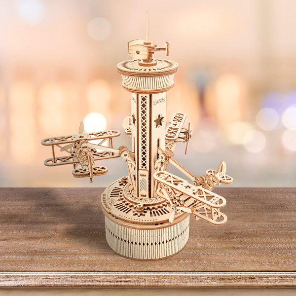 ROKR Wooden Music Box Puzzle, DIY Airplane Tower, 1 Set, Desk Decor for Adults & Teens, Non-Toxic, Hand-Eye Coordination, Gift for Boys & Girls Ages 14+