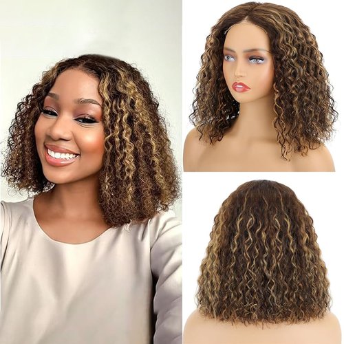 RQY Highlight Curly Bob Wig Human Hair Short Curly Blonde Brown Human Hair Wig(10inch) 4x4 Gluele...
