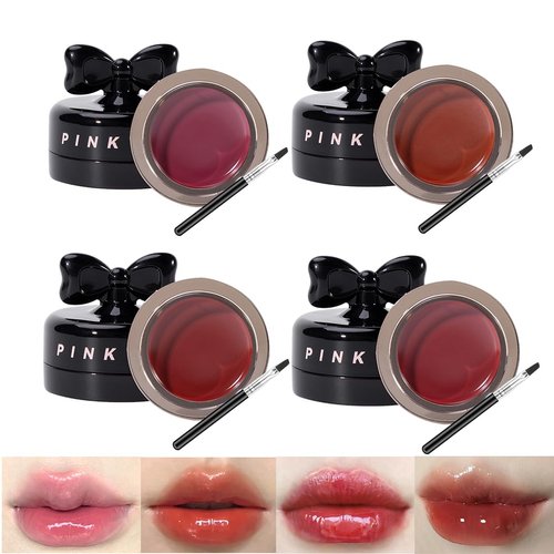 4 Pack Glossy Lip Mud Set, Cute Jelly Lip Gloss, Kawaii Makeup Cute Lipstick Bow Lip Gloss for Girls, Tinted Lip Gloss Watery Moisturizing Lip Gloss, Makeup Gift for Girls