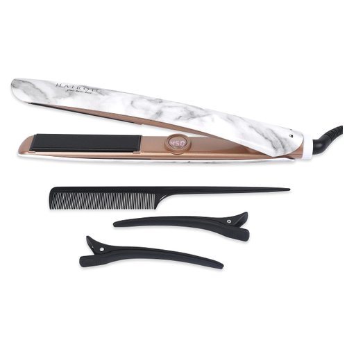 1-Inch 2-in-1 Ceramic Straightener and Curler, Auto Shut Off, Dual Voltage Travel Flat Iron, Frizz Ease, HAIROIC (White Marble)