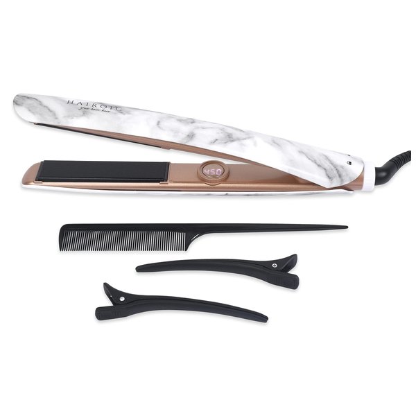 1-Inch 2-in-1 Ceramic Straightener and Curler, Auto Shut Off, Dual Voltage Travel Flat Iron, Frizz Ease, HAIROIC (White Marble)