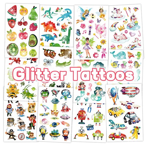 Partywind 150 Styles Glitter Temporary Tattoo Kids, Fake Tattoos Stickers Include Dinosaur/Mermaid/Pirate for Birthday Party Supplies, Surprise Gifts for Kids - 12 Sheets