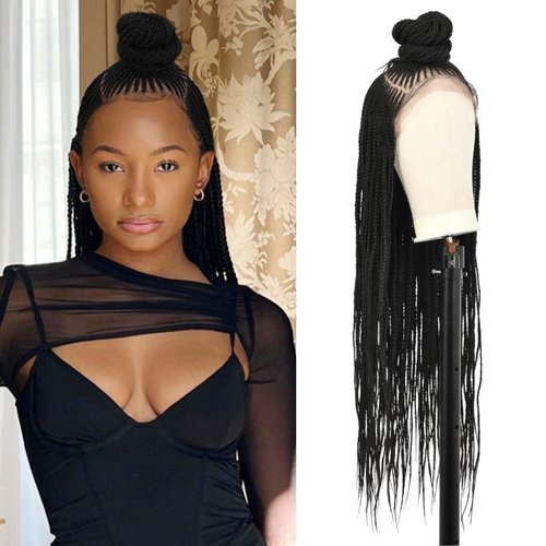 Kalyss 13X7” Lace Front Cornrow Braided Wigs for Women Updo Bun Box Braid Wig 30 Inches Black Syn...