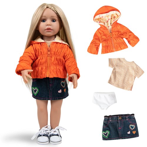 Rakki Dolli Doll Clothes Set Fashion 4 Pieces includes Warm Hooded Coat, T-Shirt, Jeans Skirt & Underpants, Handmade Party Dress Casual Wear Fits 18 Inch American Girls Dolls 004