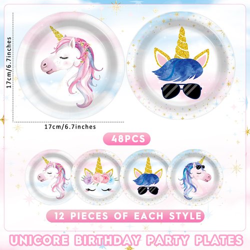 Naozinebi 48PCS Unicorn Birthday Plates Unicorn Party Supplies Magical Unicorn Tableware Rainbow Plates Disposable Paper Plate for Girls Boys Kids Unisex Unicorn Party Baby Shower Favors 6.7*6.7inch