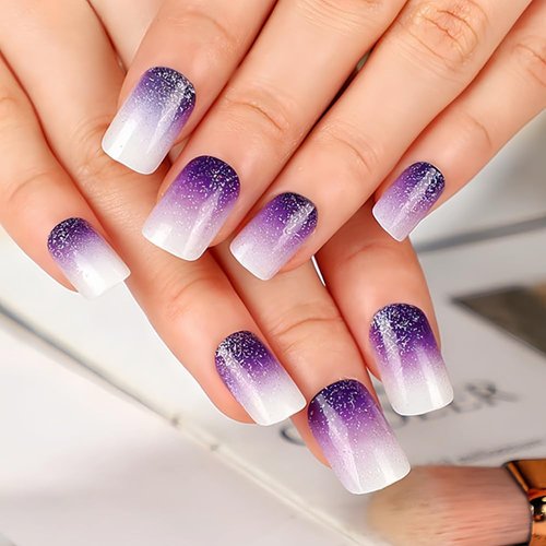 Rilafuvu Square Press on Nails Short Fake Nails Purple Gradient Glue on Nails Glitter Acrylic Nails Glossy False Nails Press on Nails for Women and Girls 24Pcs