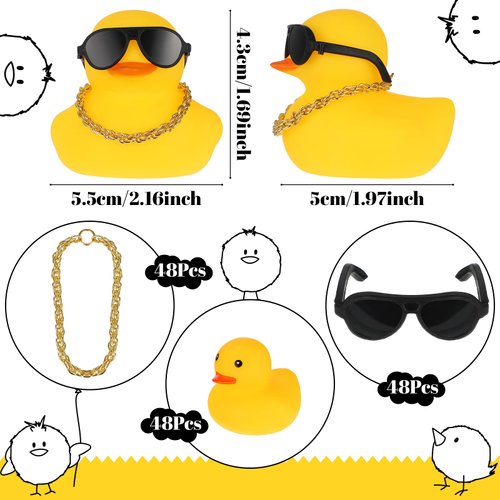 Jerify 48 Pcs Bulk Sunglasses Rubber Duck with Sunglasses, Gold Chain Rubber Duck Baby Shower Floating Bathtub Toys Birthday Party Favors Carnival Gifts Decorative Gifts