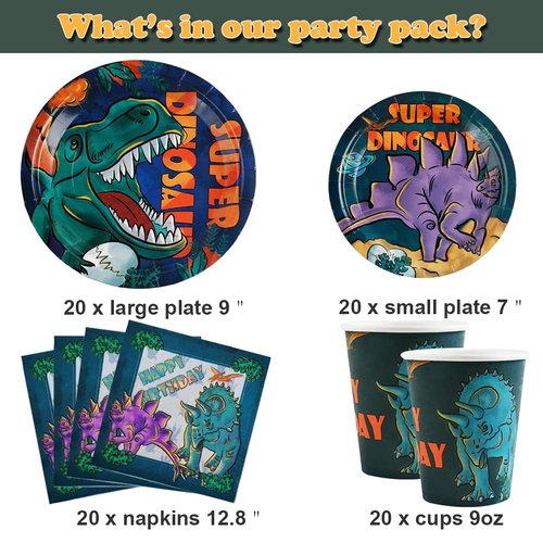 Dinosaur Birthday Party Tableware Set For Boys - 20 Guests- Dinosaur Birthday Party Supplies Kit, Includes Dino Party Plates, Napkins, Cups