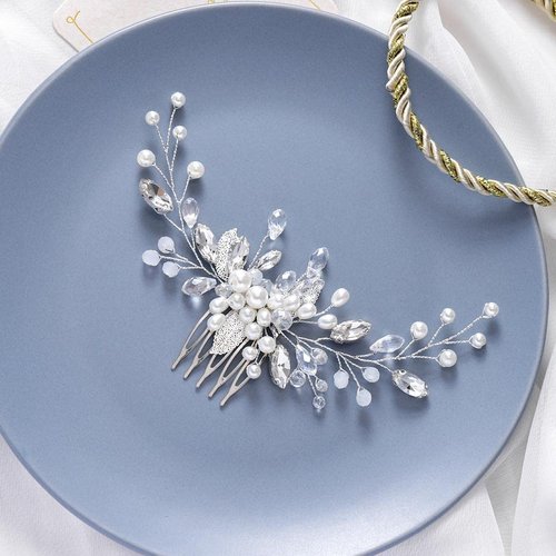 Yean Pearl Bride Wedding Hair Comb Sliver Crystal Bridal Hair Piece Leaf Hair Accessories for Women and Girls