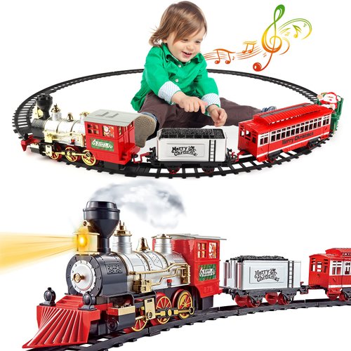 deAO Christmas Theme Classic Train Set for Kids with Headlight, Realistic Sounds, 4 Cars Carriage and Tracks, Best Gift for Christmas Décor Under The Christmas Tree